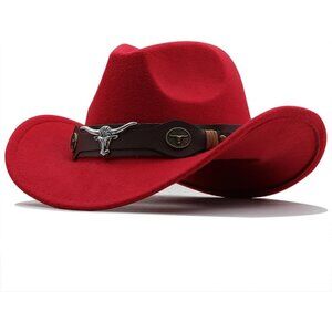 Unisex Red 100% Polyester Bull Skull Band Classic Fedora Felt Cowboy Hat